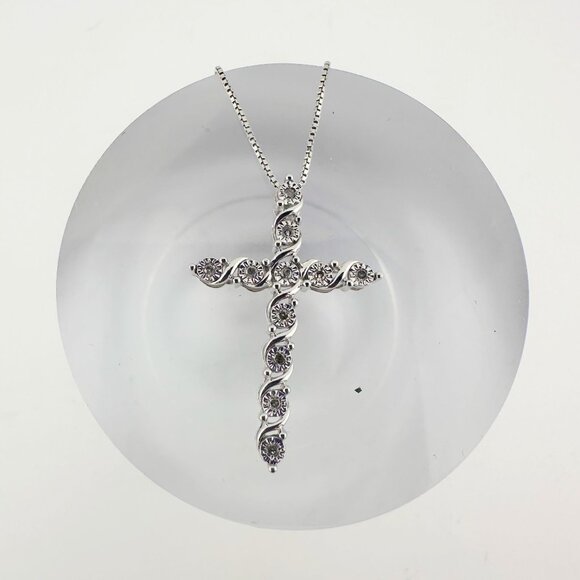 Beautiful Cross Necklace with Natural Diamonds in Illusion Setting and 18" Sterl - Picture 4 of 10